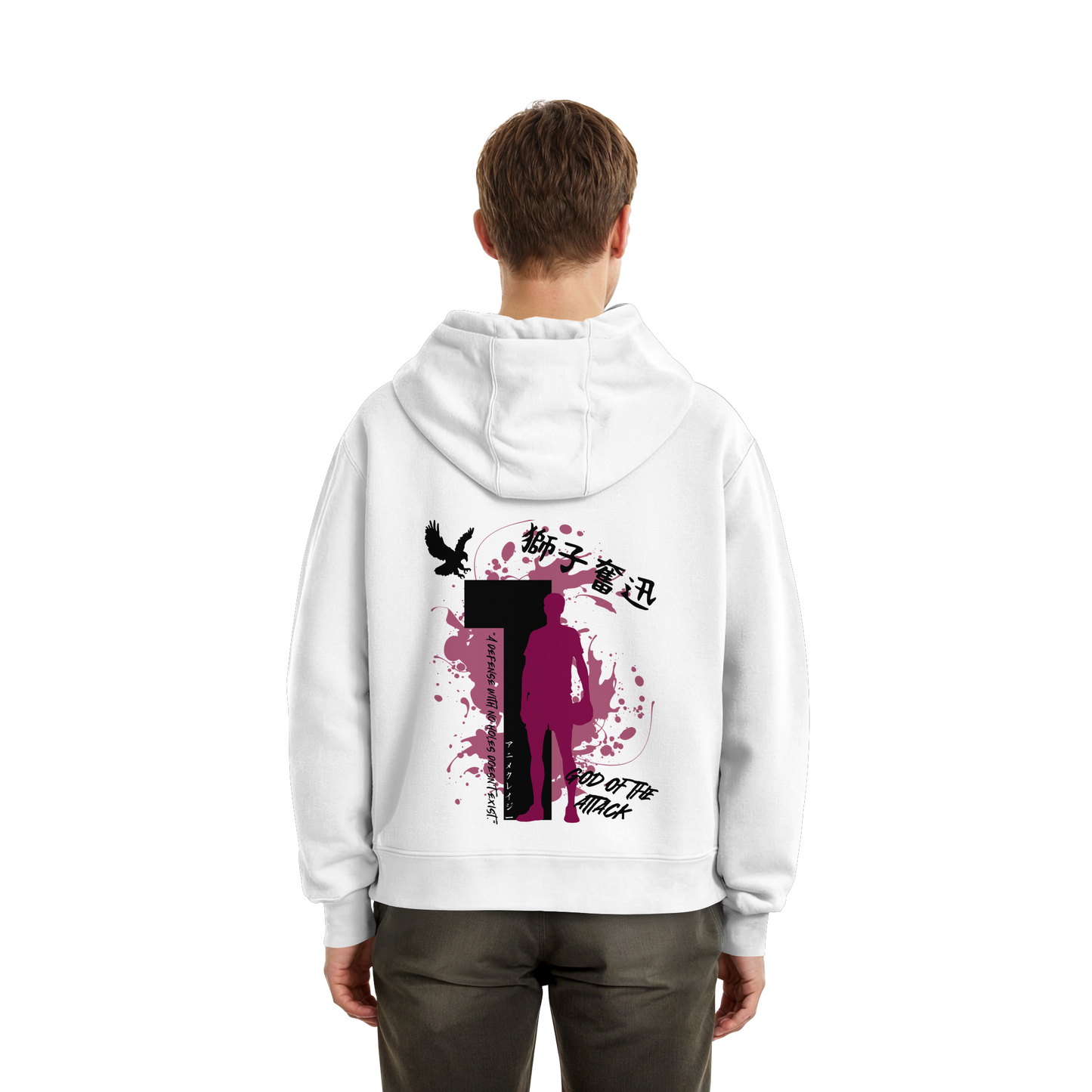 "God Of The Attack" Back White Fluffy Boxcut Hoodie