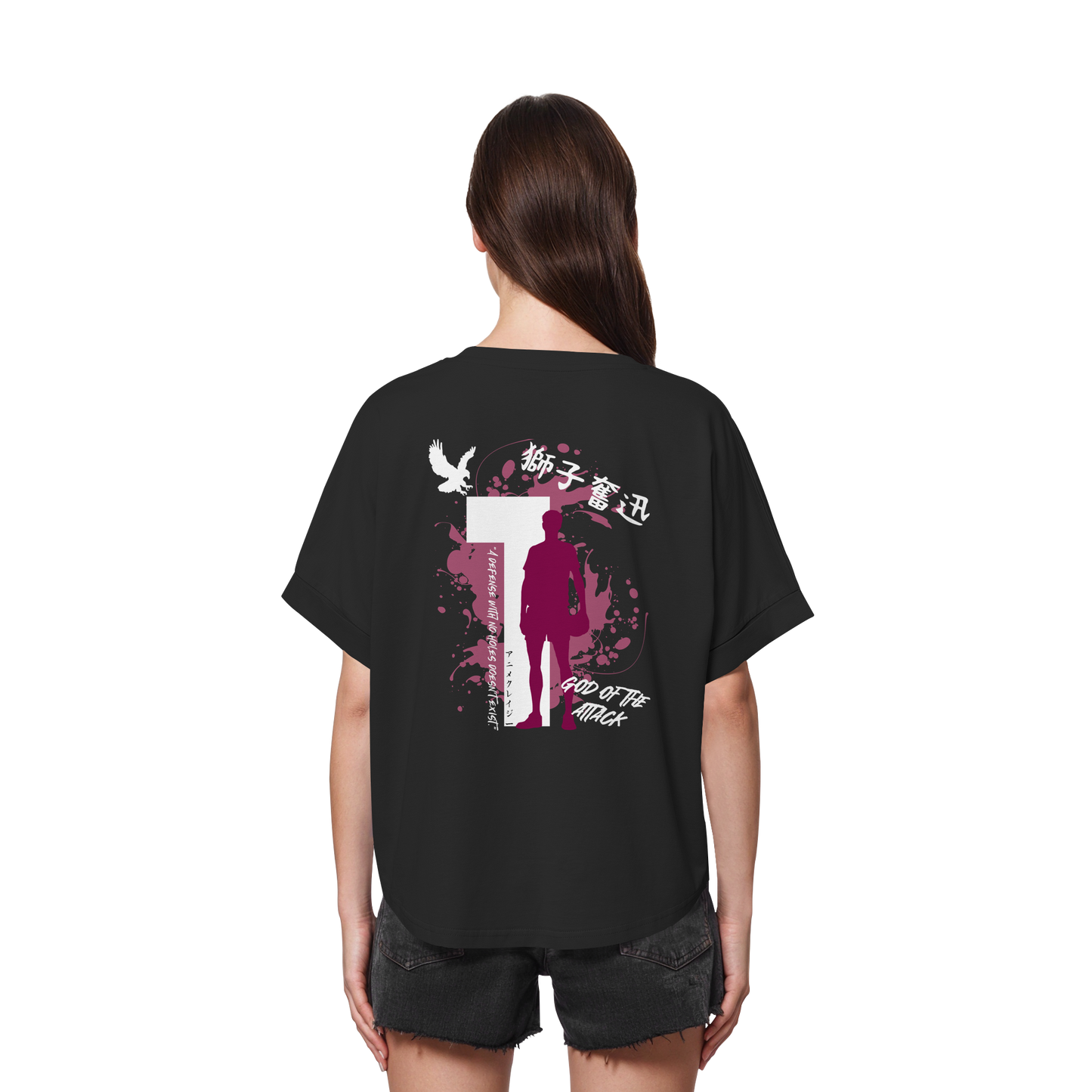 "God Of The Attack" Back Black Womens Organic Rolled Sleeves Shirt
