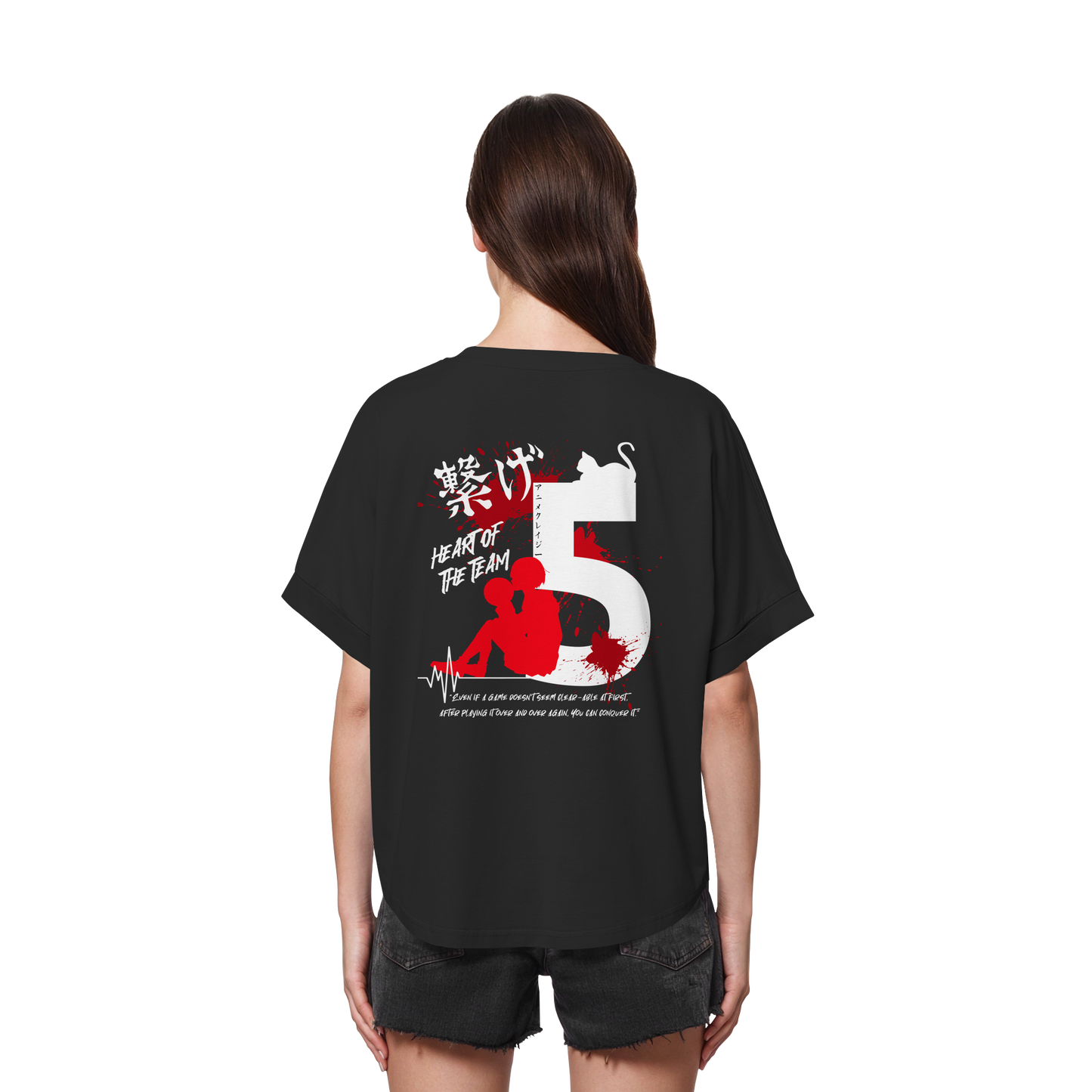 "Heart Of The Team" Back Black Womens Organic Rolled Sleeves Shirt