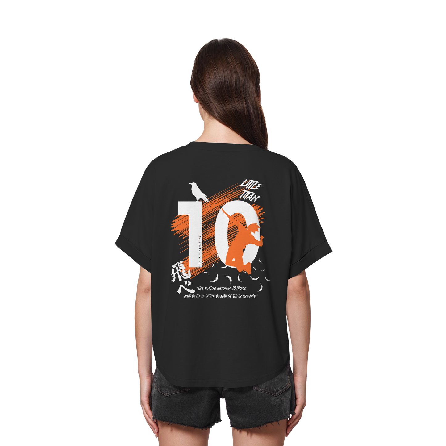 "Little Titan" Back Black Womens Organic Rolled Sleeves Shirt