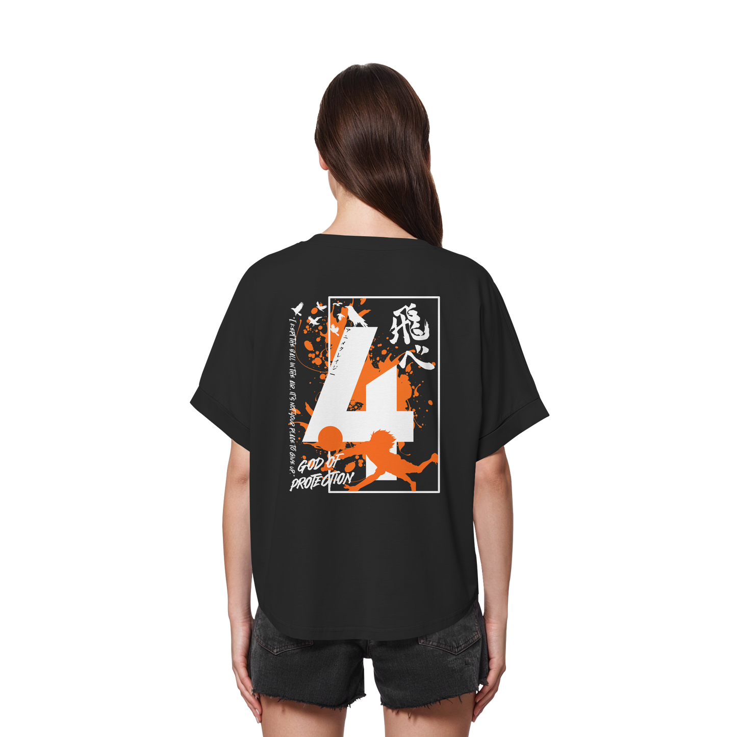 "God Of Protection" Back Black Womens Organic Rolled Sleeves Shirt