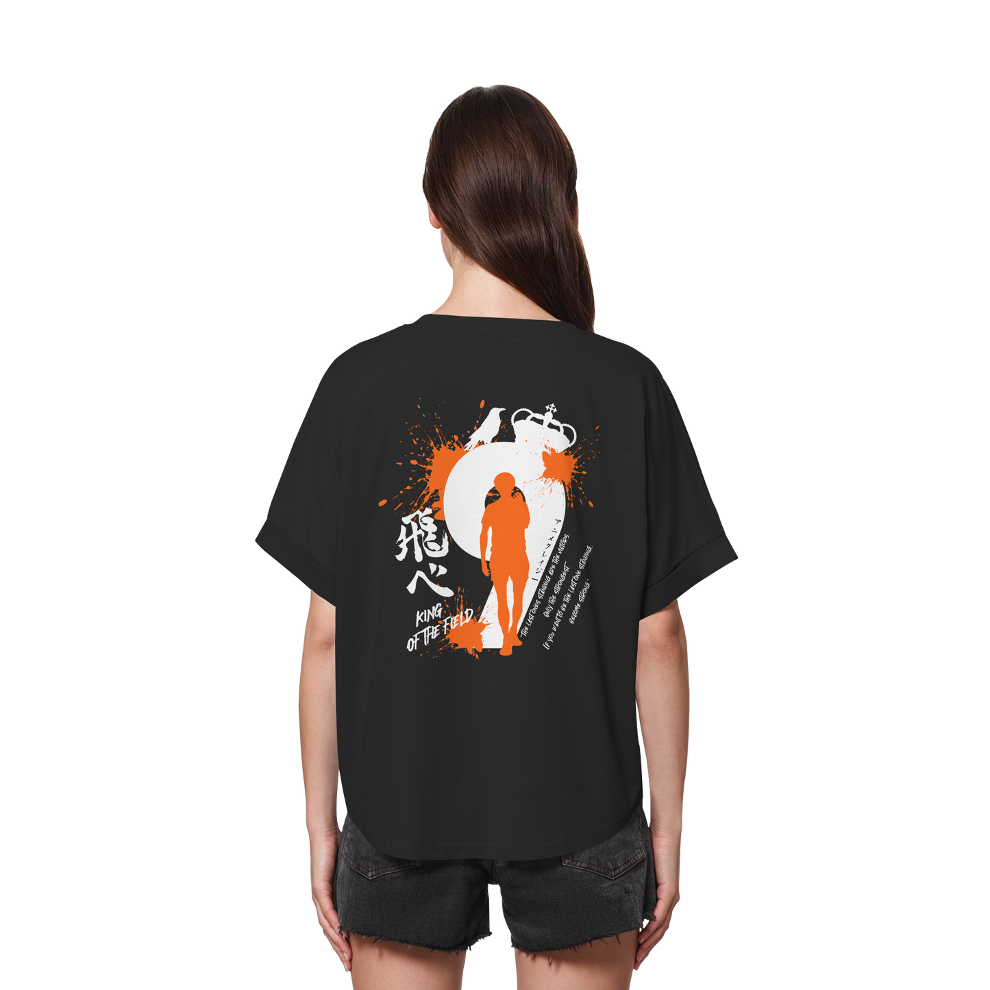 "King Of The Field" Back Black Womens Organic Rolled Sleeves Shirt