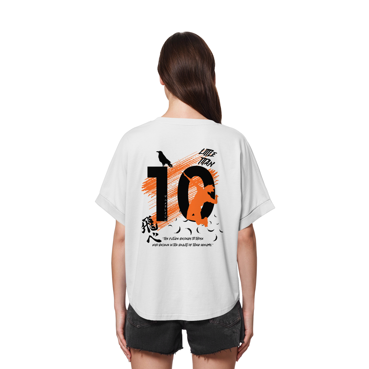 "Little Titan" Back White Womens Organic Rolled Sleeves Shirt