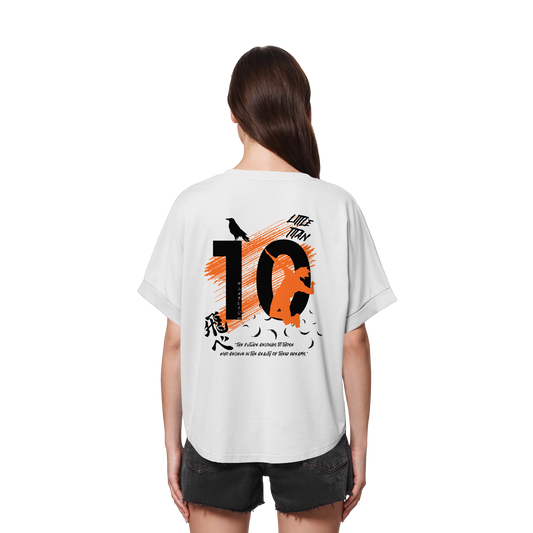 "Little Titan" Back White Womens Organic Rolled Sleeves Shirt