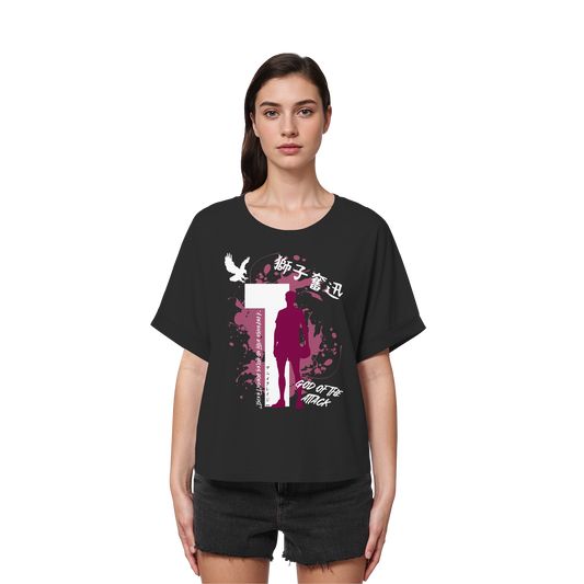 "God Of The Attack" Front Black Womens Organic Rolled Sleeves Shirt