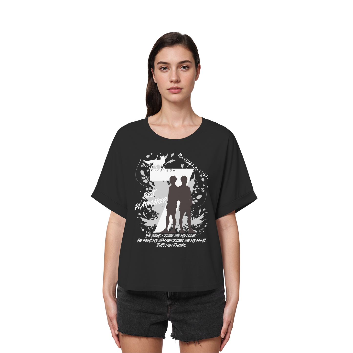 "Best Playmaker" Front Black Womens Organic Rolled Sleeves Shirt