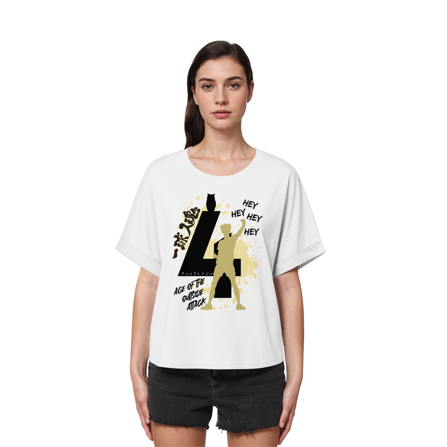 "Ace Of The Outside Attack" Front White Women Organic Rolled Sleeves Shir