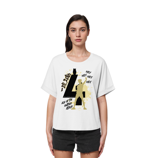 "Ace Of The Outside Attack" Front White Women Organic Rolled Sleeves Shir