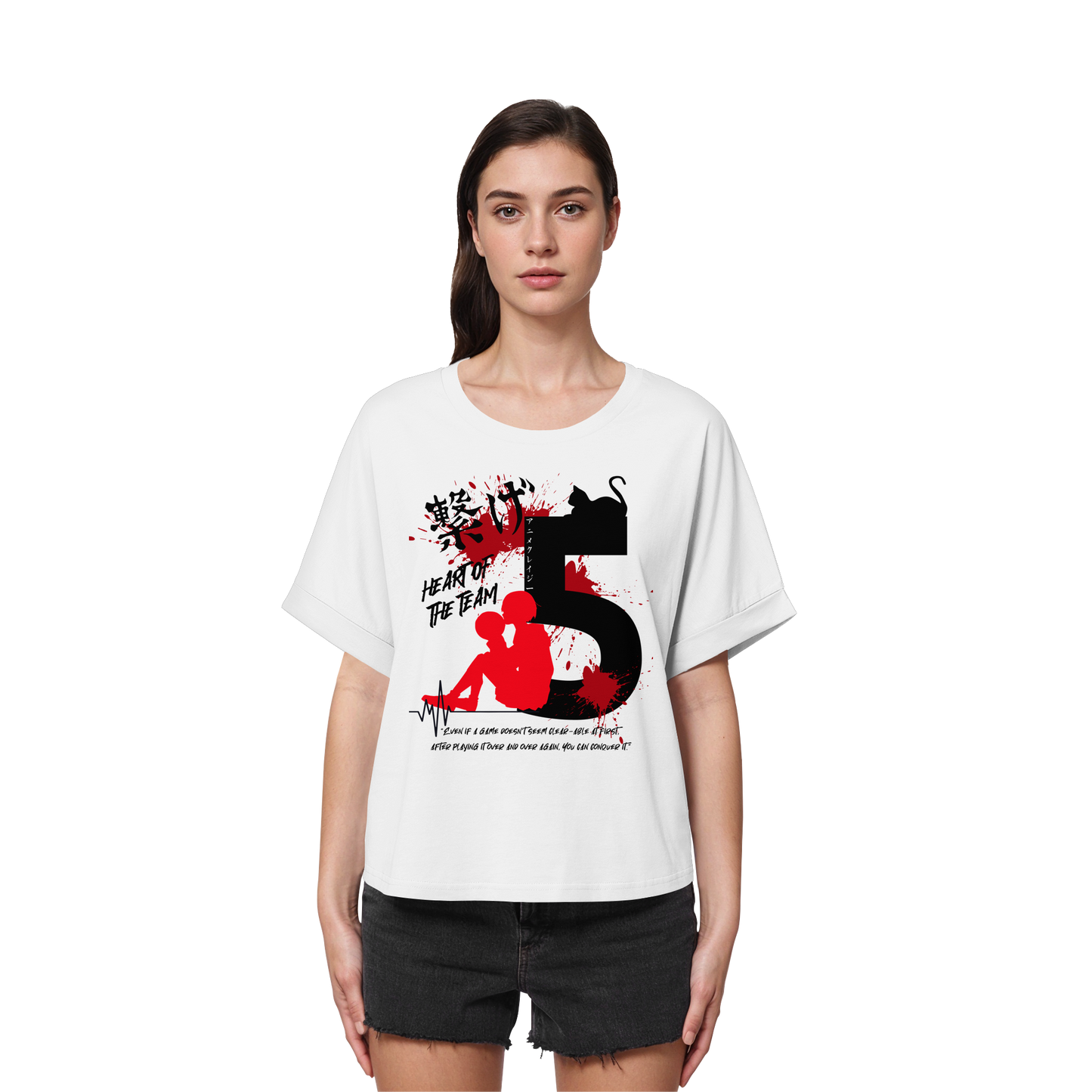 "Heart Of The Team" Front White Women Organic Rolled Sleeves Shirt