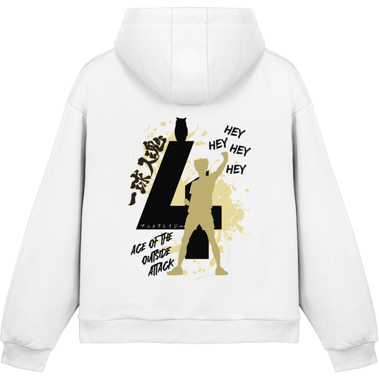 "Ace Of The Outside Attack" Back White Fluffy Boxcut Hoodie