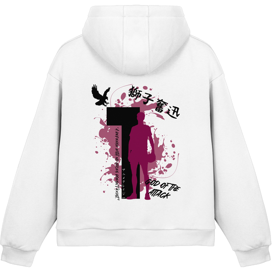 "God Of The Attack" Back White Fluffy Boxcut Hoodie