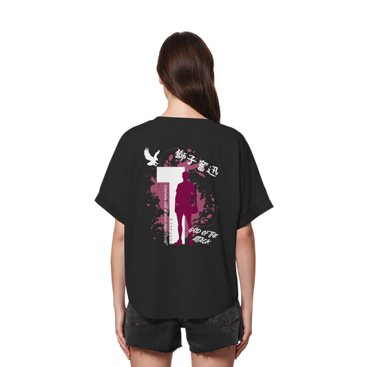 "God Of The Attack" Back Black Womens Organic Rolled Sleeves Shirt