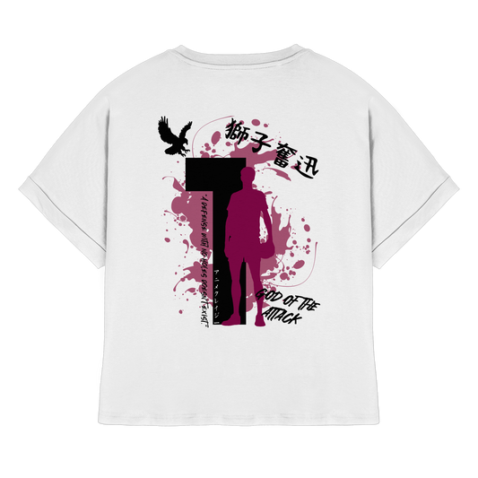 "God Of The Attack" Back White Womens Organic Rolled Sleeves Shirt