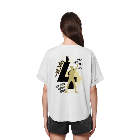 "Ace Of The Outside Attack" Back White Womens Organic Rolled Sleeves Shirt