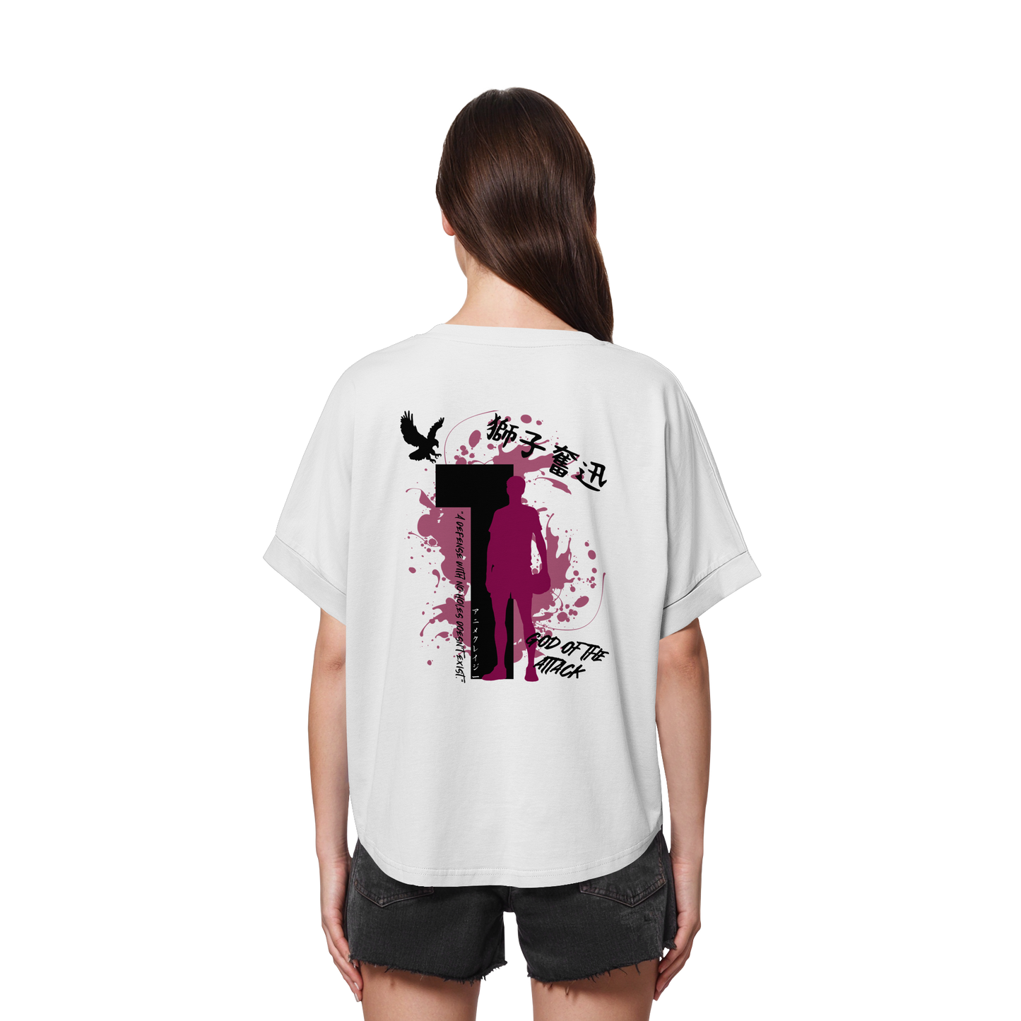 "God Of The Attack" Back White Womens Organic Rolled Sleeves Shirt