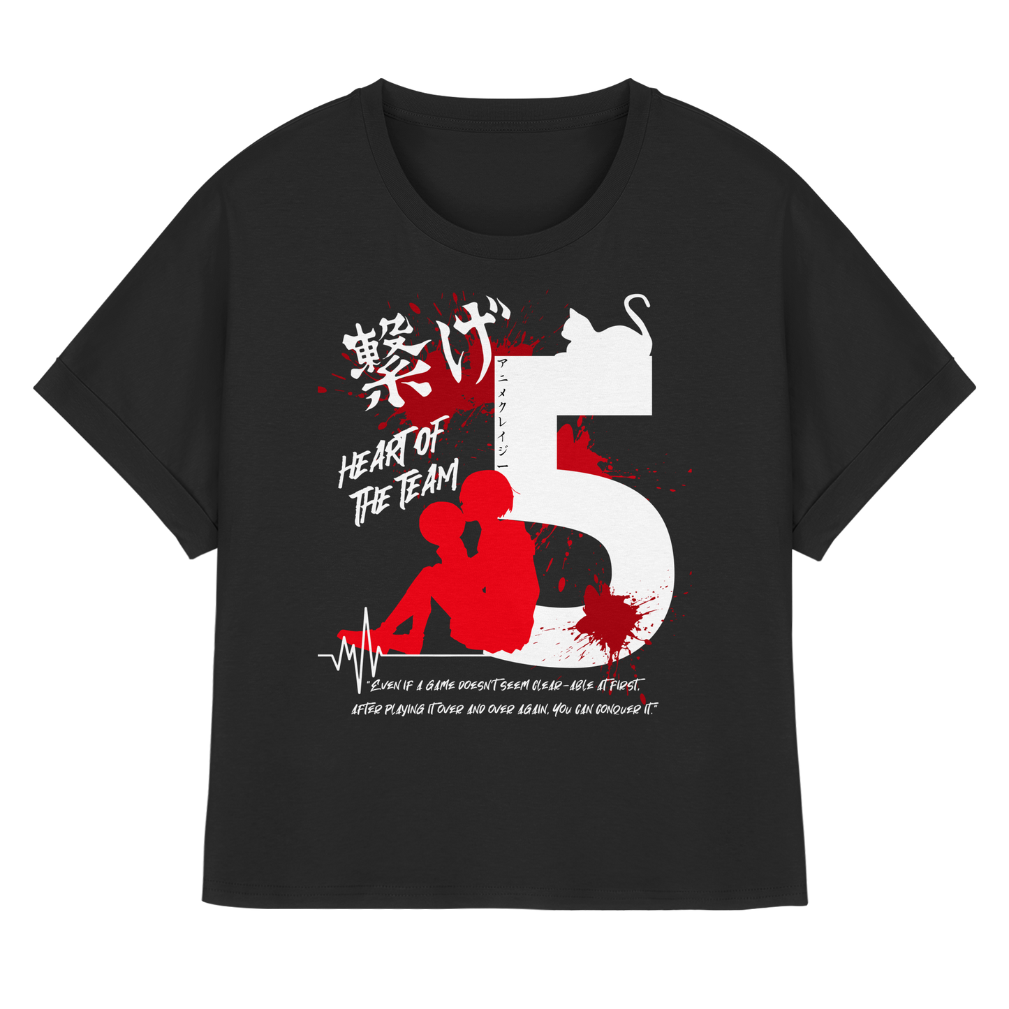 "Heart Of The Team" Front Black Womens Organic Rolled Sleeves Shirt
