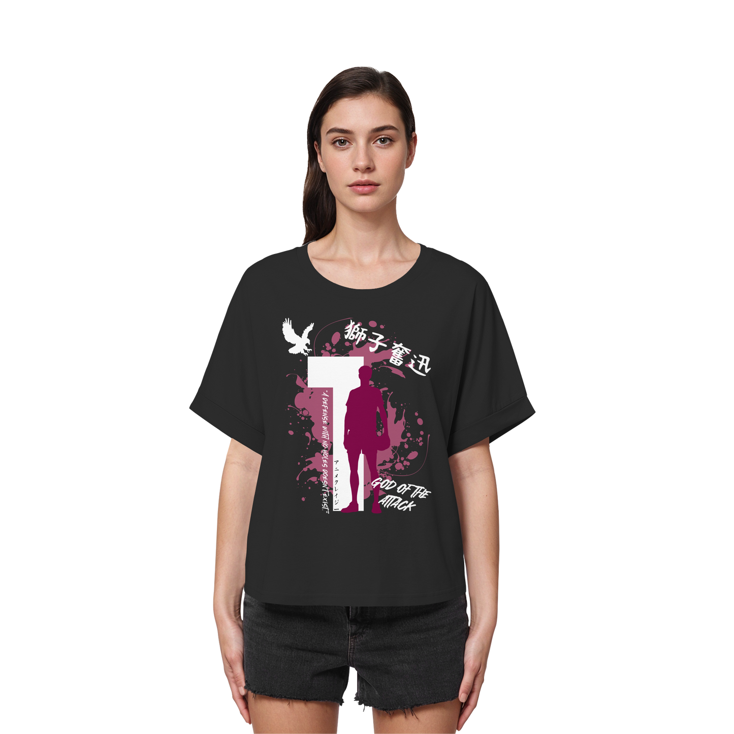 "God Of The Attack" Front Black Womens Organic Rolled Sleeves Shirt