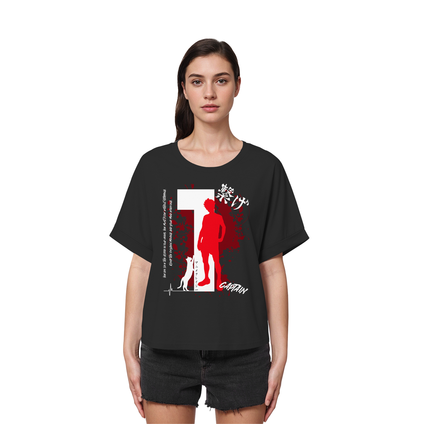 "Captain" Front Black Womens Organic Rolled Sleeves Shirt