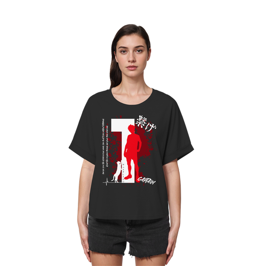 "Captain" Front Black Womens Organic Rolled Sleeves Shirt