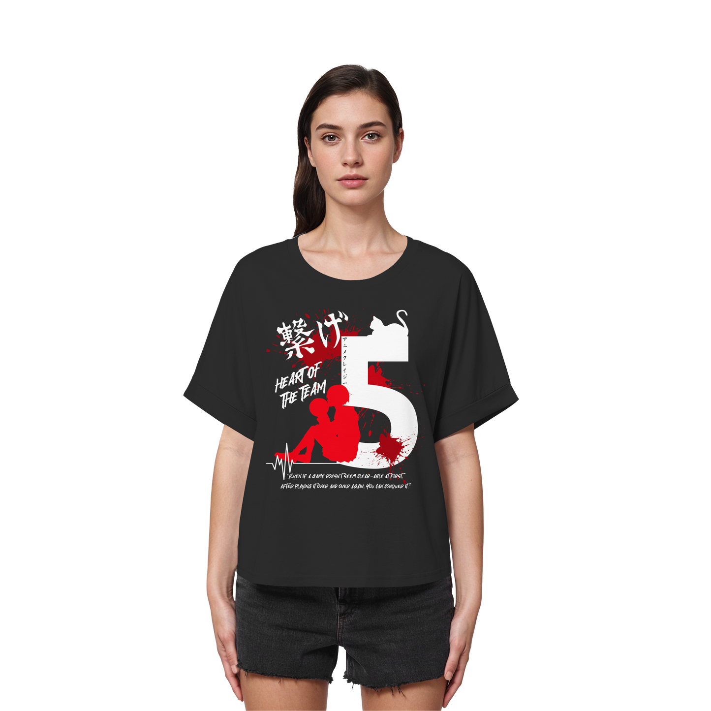 "Heart Of The Team" Front Black Womens Organic Rolled Sleeves Shirt