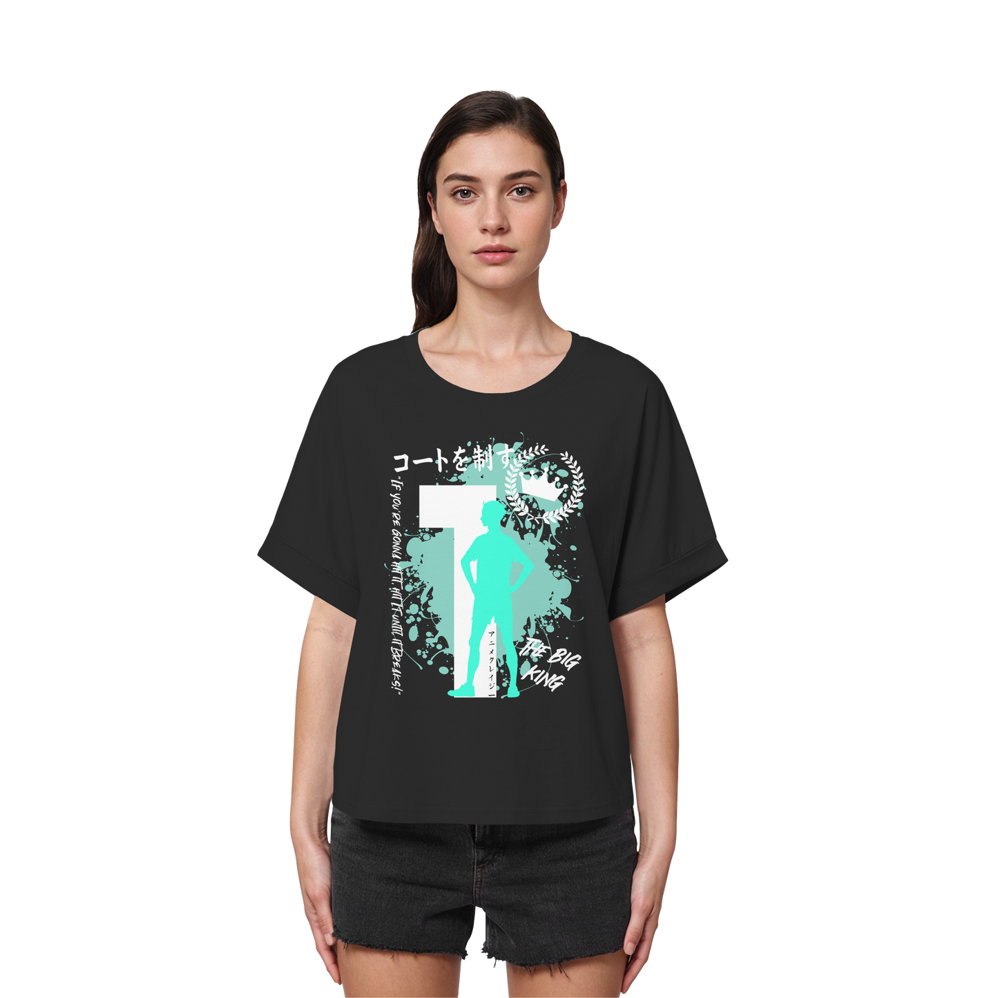 "The Big King" Front Black Womens Organic Rolled Sleeves Shirt