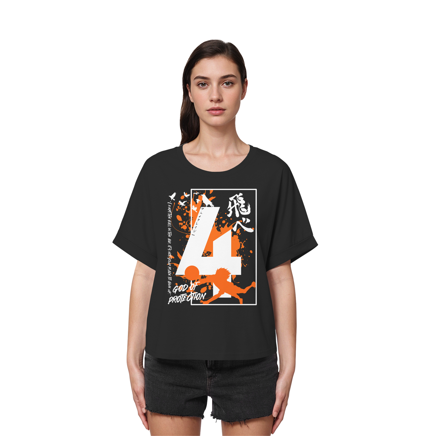 "God Of Protection" Front Black Womens Organic Rolled Sleeves Shirt