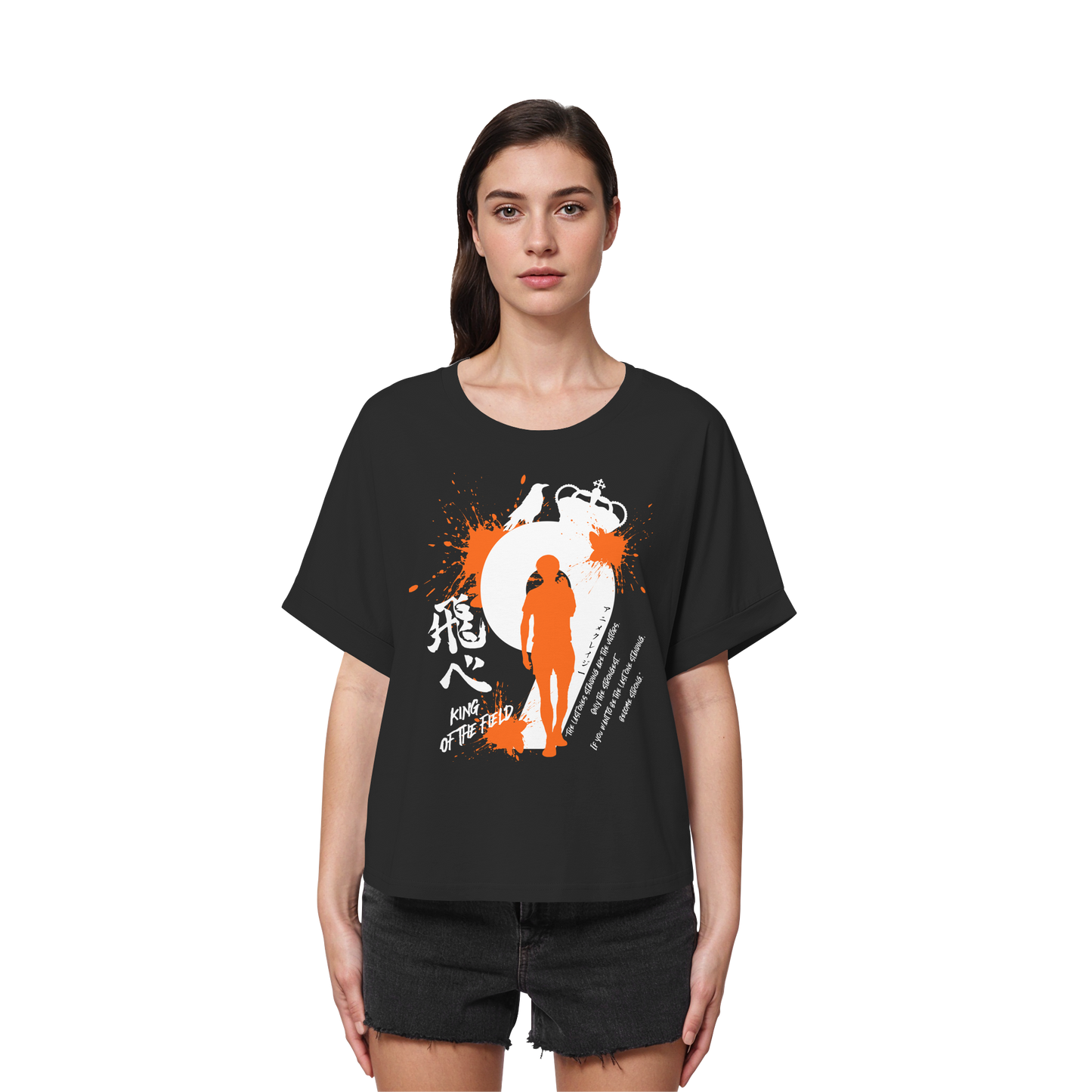 "King Of The Field" Front Black Womens Organic Rolled Sleeves Shirt