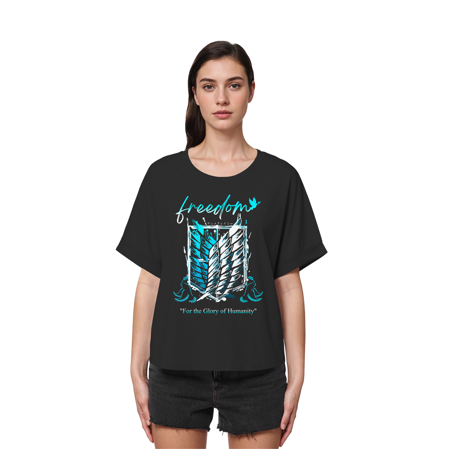 "Blue Rebellion - Wings Of Hope" Front Women Organic Rolled Sleeves Shirt