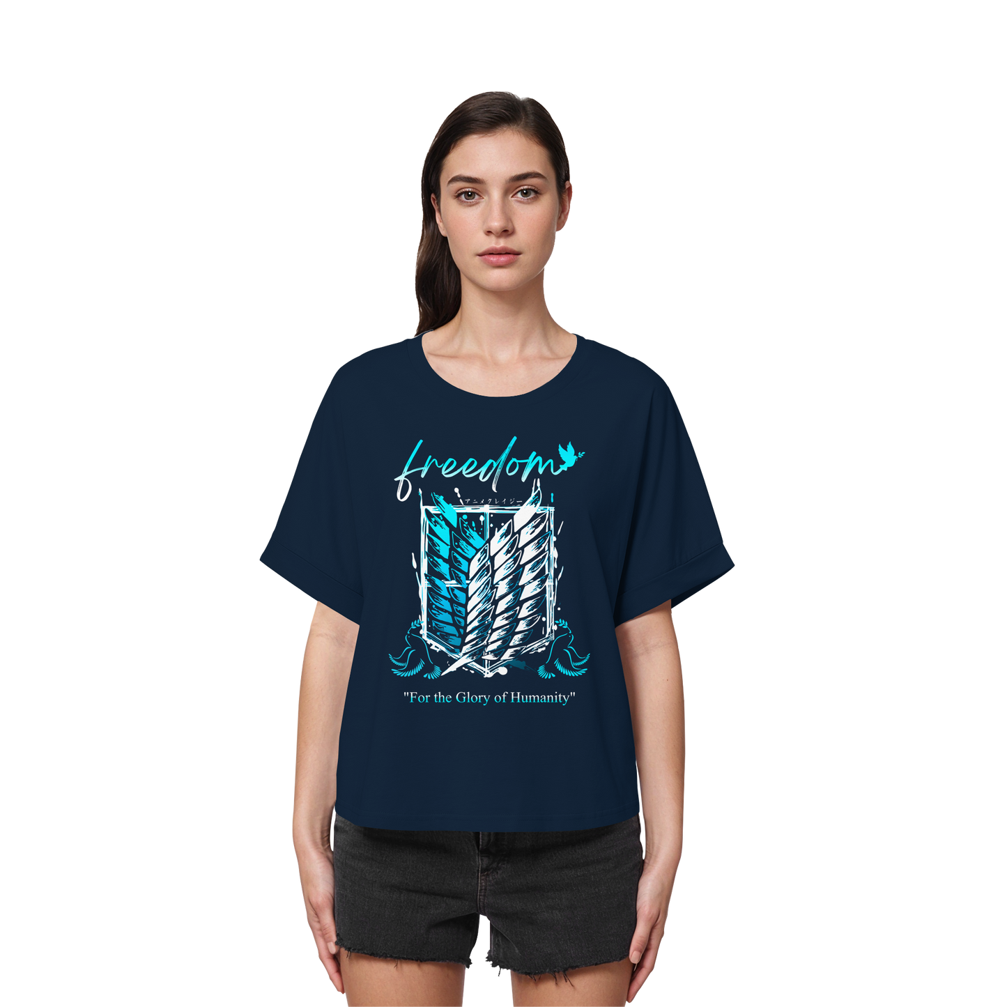 "Blue Rebellion - Wings Of Hope" Front Women Organic Rolled Sleeves Shirt