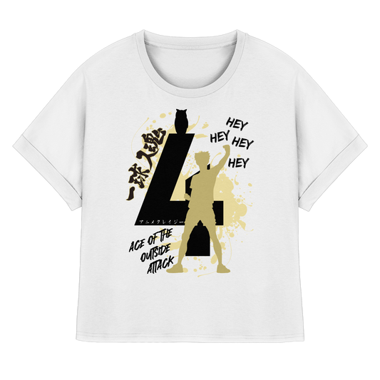 "Ace Of The Outside Attack" Front White Women Organic Rolled Sleeves Shir