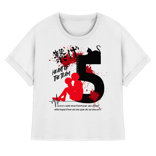 "Heart Of The Team" Front White Women Organic Rolled Sleeves Shirt