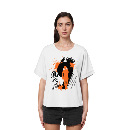 "King Of The Field" Front White Women Organic Rolled Sleeves Shirt