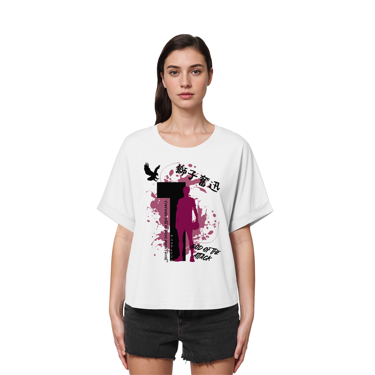 "God Of The Attack" Front White Women Organic Rolled Sleeves Shirt