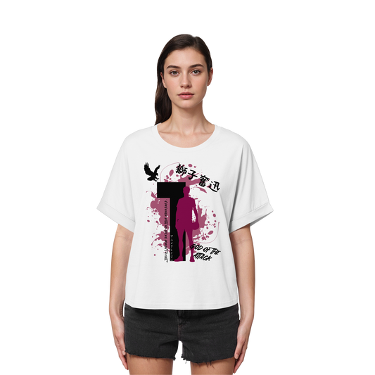 "God Of The Attack" Front White Women Organic Rolled Sleeves Shirt