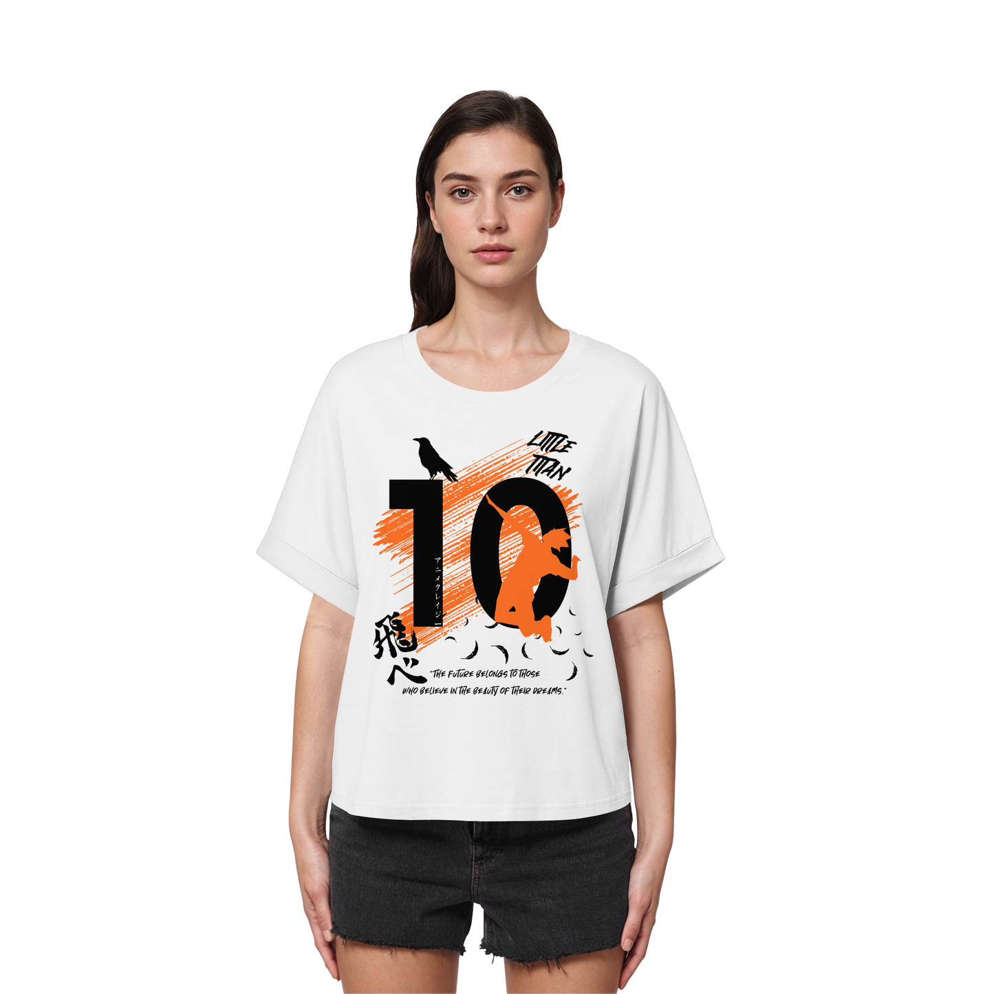 "Little Titan" Front White Women Organic Rolled Sleeves Shir